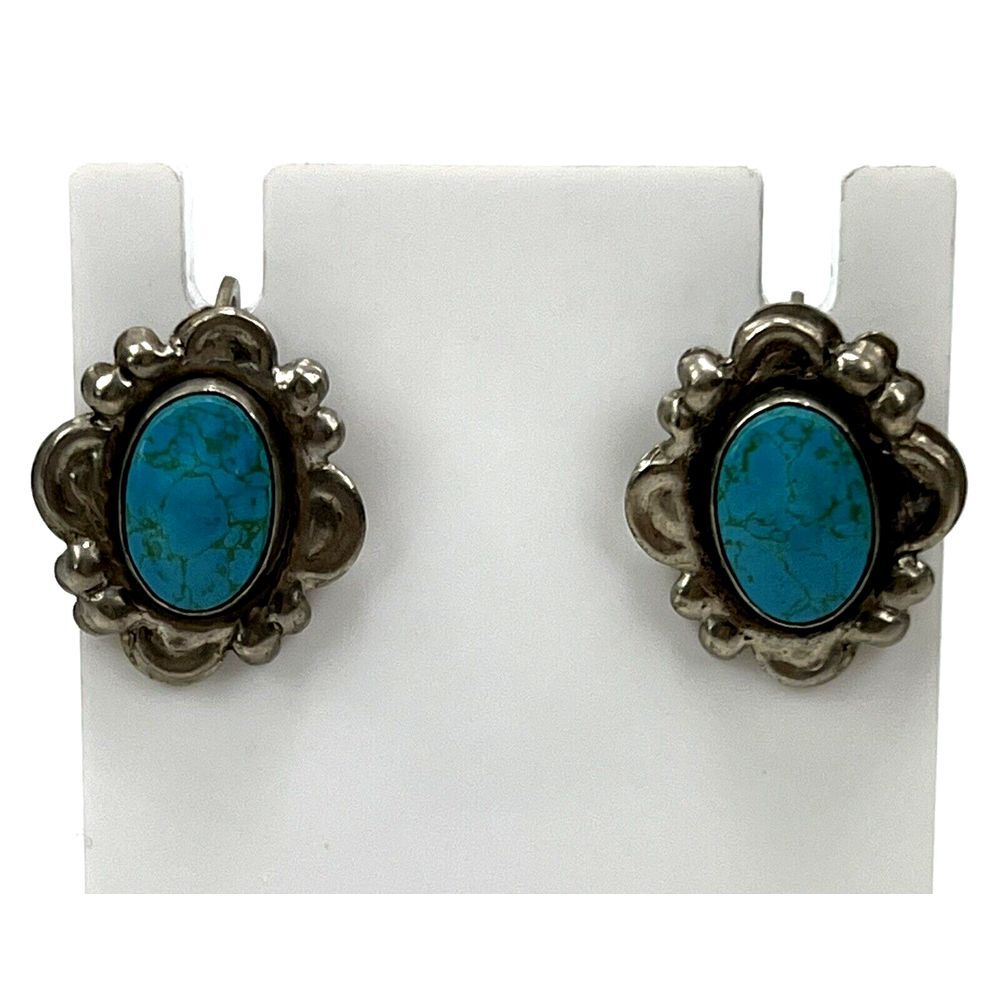 Vintage Silver Toned Turquoise Twist Back Earrings About an Inch Long